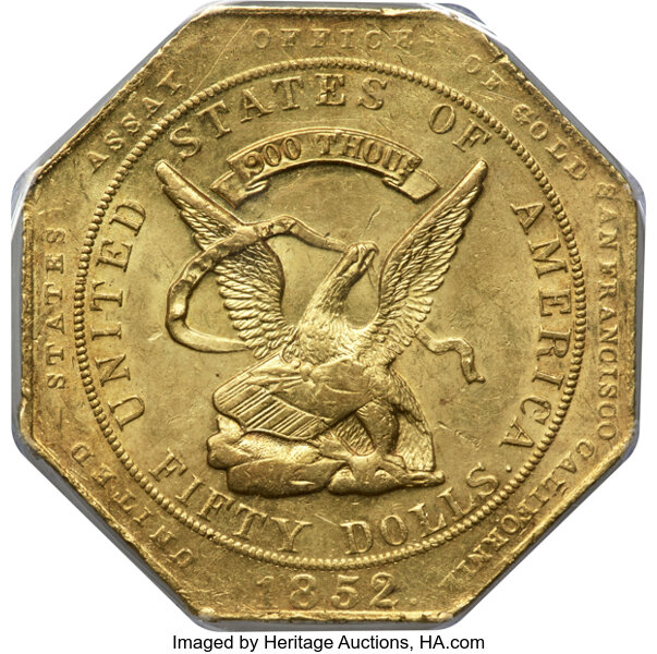 image for: 1852 $50 Assay Office Fifty Dollar, 900 Thous. MS64 PCGS. CAC. K-14, R.5....