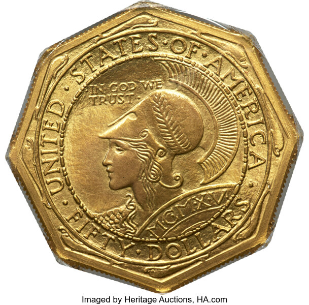 A*4様 FAB 陥没の拳/Crater Fist goldfoil PCG9. 1915 S Panama Pacific Expo Gold $50 Octagonal MS Values | Greysheet