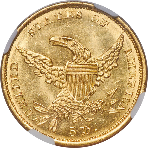 image for: 1834 $5 Plain 4, HM-8, R.4, MS65+ NGC....