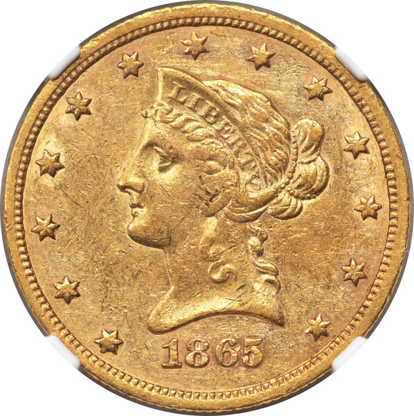 image for: 1865-S $10 865 Over Inverted 186 AU58 NGC. VP-001....