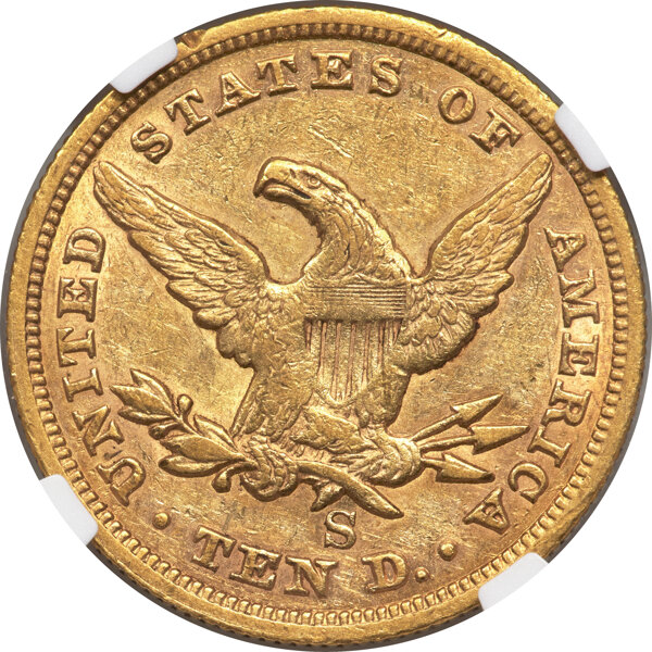 image for: 1865-S $10 865 Over Inverted 186 AU58 NGC. VP-001....