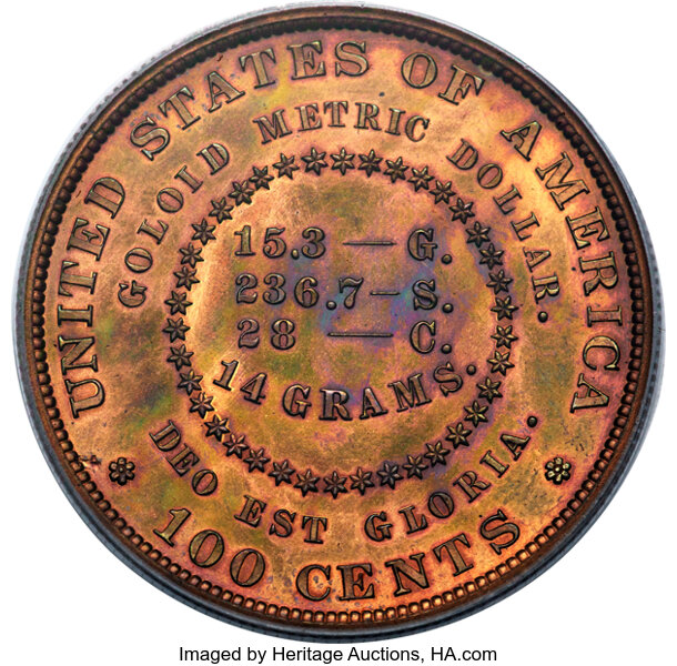 image for: 1879 $1 Goloid Metric Dollar, J-1632, Pollock-1829, R.7,  PR66 Red and Brown PCGS. CAC....