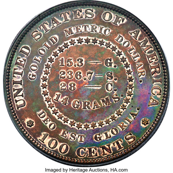 image for: 1880 $1 Goloid Metric Dollar, Judd-1655, Pollock-1855, Low R.7, PR66 Red and Brown PCGS....