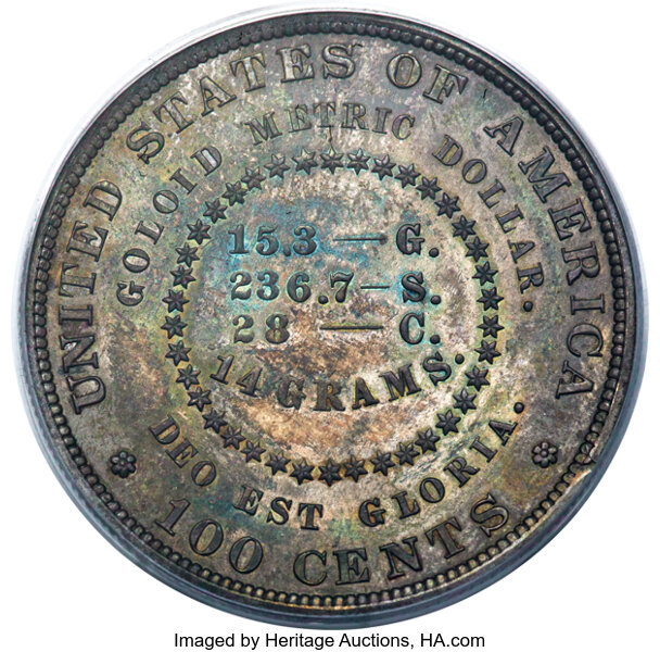 image for: 1880 $1 Goloid Metric Dollar, Judd-1654, Pollock-1854, Low R.7, PR65 PCGS....