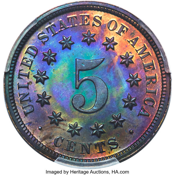 image for: 1871 5C Shield Nickel, Judd-1056, Pollock-1191, High R.7, PR67 Red and Brown PCGS. CAC....