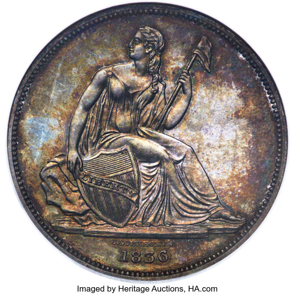 image for: 1836 P$1 Name Below Base, Judd-58 Restrike, Pollock-61, Low R.6, PR64 NGC....