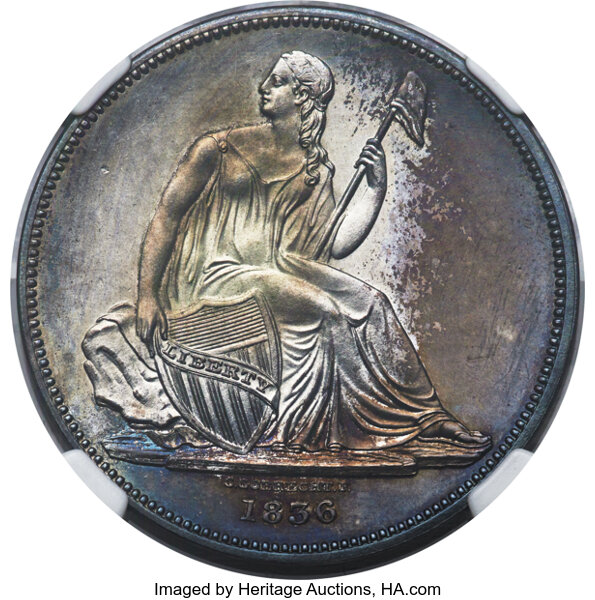 image for: 1836 P$1 Name Below Base, Judd-58 Restrike, Pollock-61, Low R.6, PR64 NGC....