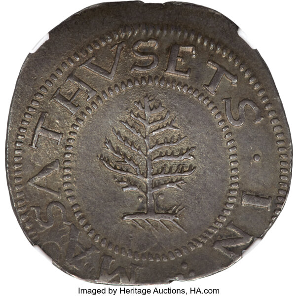 image for: 1652 Pine Tree Shilling, Large Planchet, Pellets at Trunk, Noe-1, W-690, Salmon 1-A, R.2, MS65+ NGC. CAC....