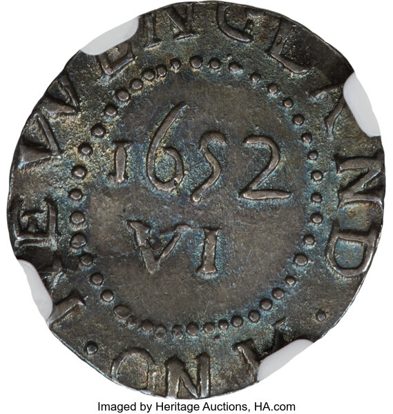 image for: 1652 Oak Tree Sixpence, IN on Obverse, Noe-22, W-400, Salmon 2b-B, R.5, MS66★  NGC. CAC....