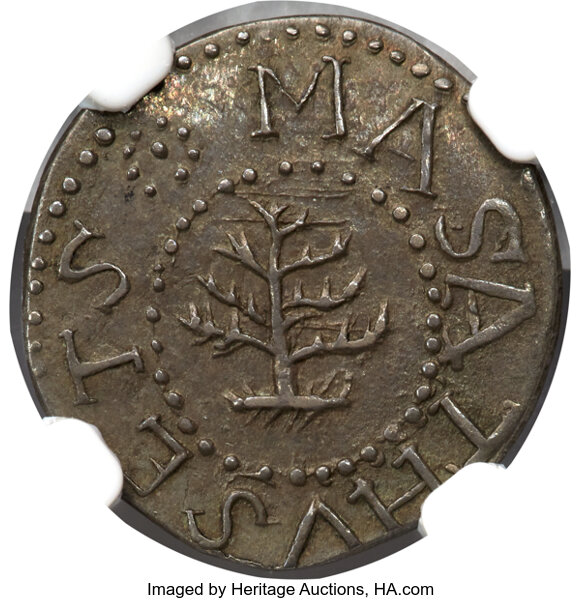 image for: 1652 Pine Tree Threepence, No Pellets at Trunk, Noe-36, W-640, Salmon 2-B, R.4, MS64 NGC....