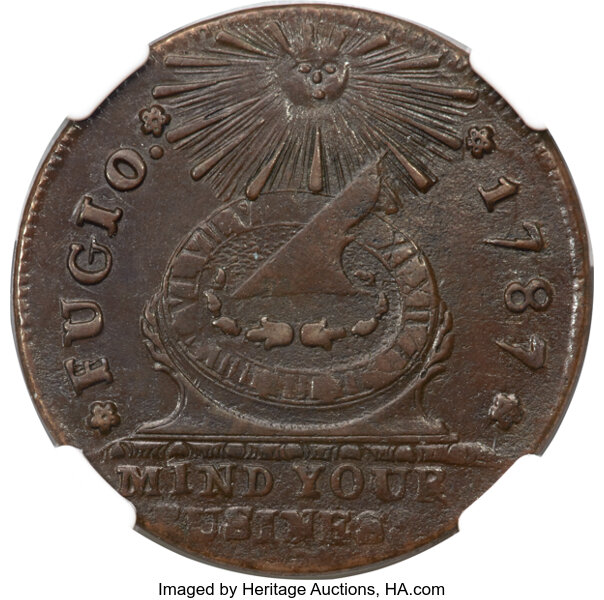 image for: 1787 FUGIO Fugio Cent, Club Rays, Rounded Ends, UNITED STATES, N. 3-D, W-6680, R.3, MS62 Brown NGC....
