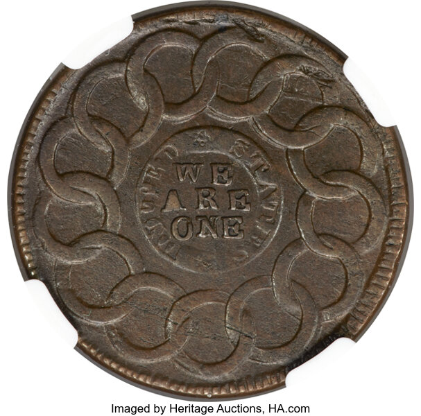 image for: 1787 FUGIO Fugio Cent, Club Rays, Rounded Ends, UNITED STATES, N. 3-D, W-6680, R.3, MS62 Brown NGC....