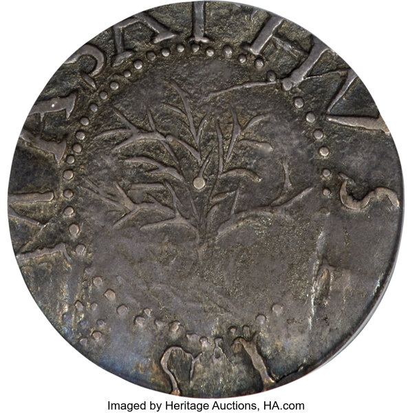 image for: 1652 Oak Tree Sixpence, IN on Reverse, MS62 PCGS. Crosby 6-F, Noe-16, W-360, R.5....