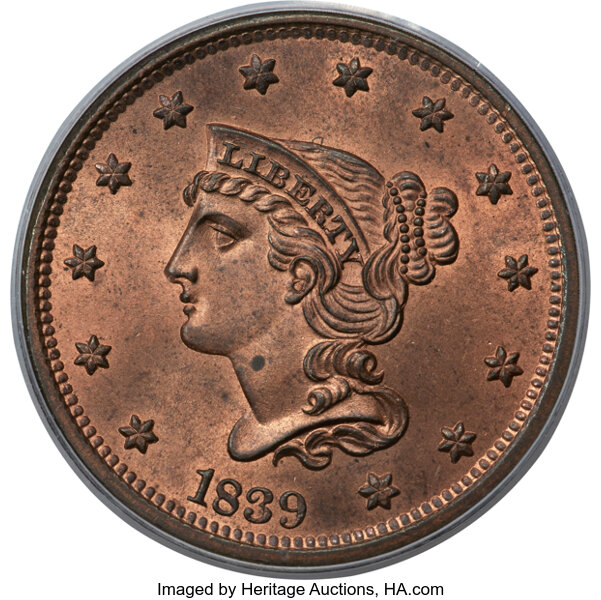 image for: 1839 1C N-8, R.1, Type of 1840. MS65 Red and Brown PCGS. CAC....