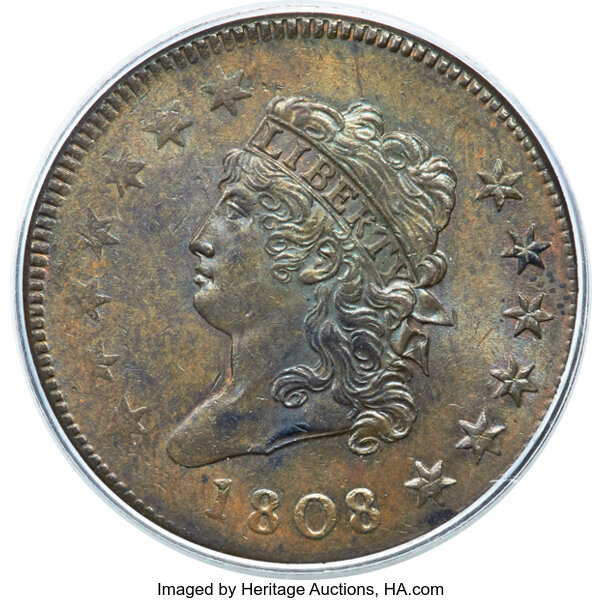 image for: 1808 1C S-278, B-2, R.3, MS62 Brown PCGS. Gold CAC....