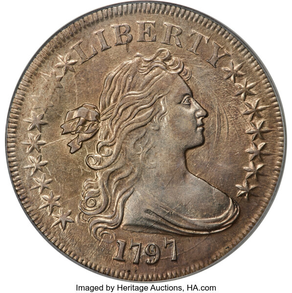 image for: 1797 $1 9x7 Stars, Large Letters, B-1, BB-73, R.3, AU58 PCGS....