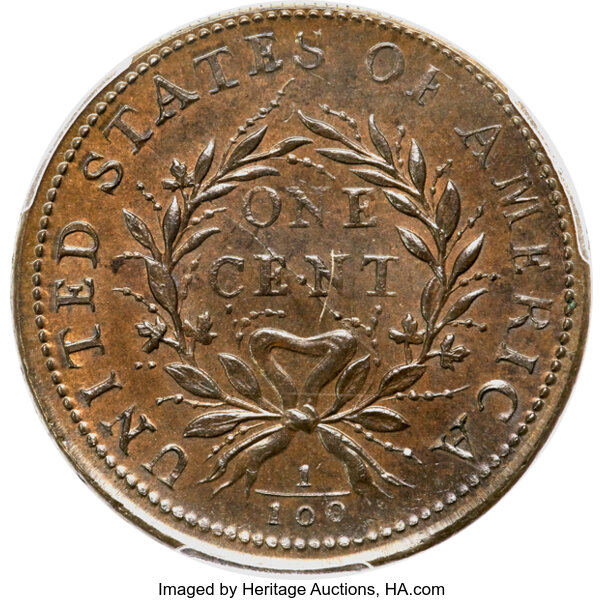 image for: 1793 1C Wreath, Vine and Bars Edge, S-8, B-13, R.3, MS67 Brown PCGS....