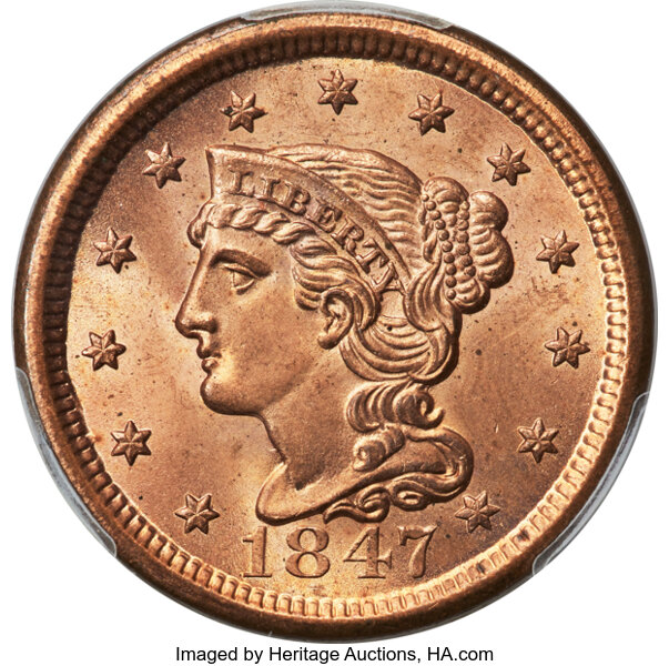 image for: 1847 1C N-38, N-16, R.1, MS66+ Red PCGS....