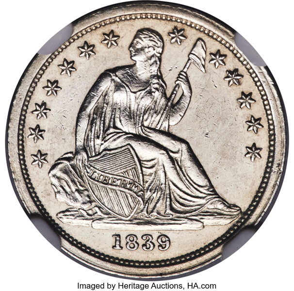 image for: 1839 10C No Drapery, F-105, R.8, PR62 NGC....