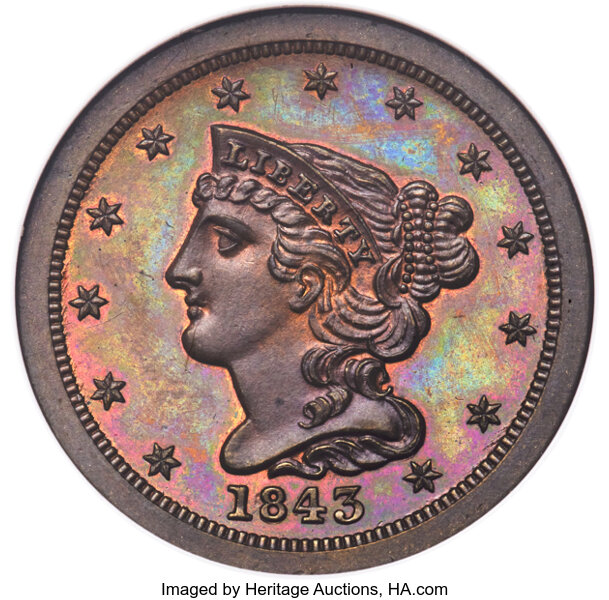 image for: 1843 1/2 C Original, B-1, R.5, PR65 Red and Brown NGC....