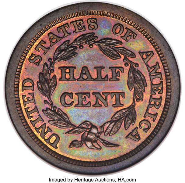 image for: 1843 1/2 C Original, B-1, R.5, PR65 Red and Brown NGC....