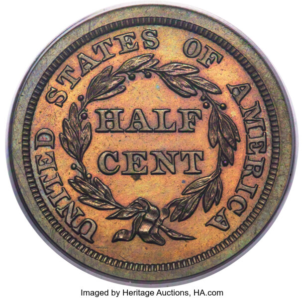 image for: 1845 1/2 C Original, B-1, R.6, PR64 Brown PCGS....