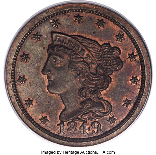 image for: 1849 1/2 C Large Date, C-1, B-4, R.2, MS64 Red and Brown PCGS....