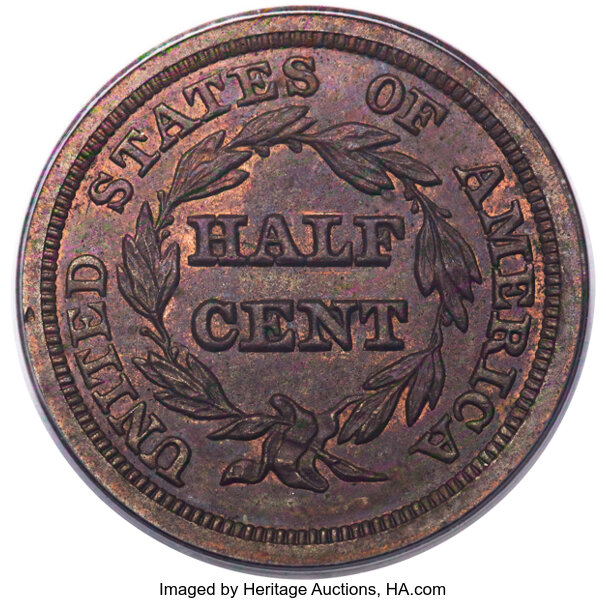image for: 1849 1/2 C Large Date, C-1, B-4, R.2, MS64 Red and Brown PCGS....