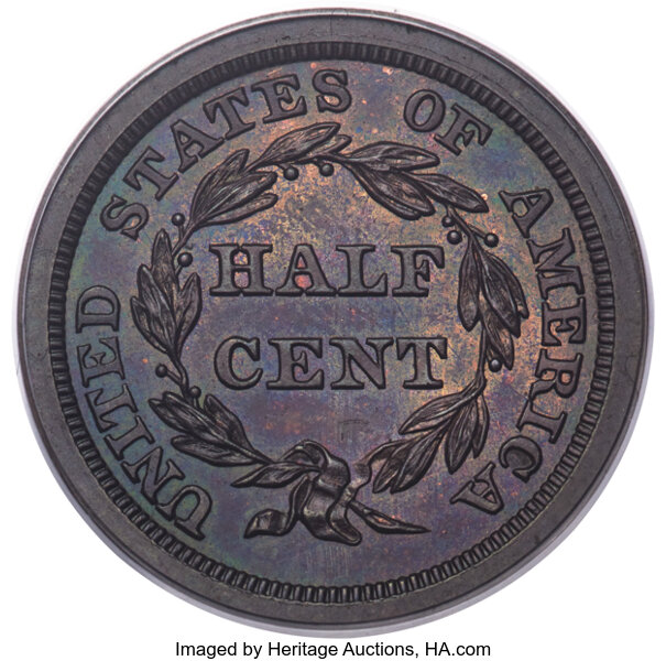 image for: 1848 1/2 C Original, B-1, Low R.6, PR64 Red and Brown PCGS....