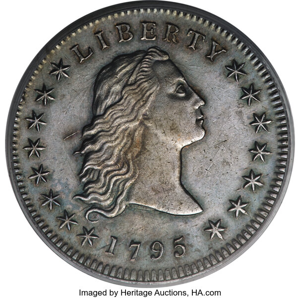 image for: 1795 $1 Flowing Hair, Three Leaves, B-5, BB-27, R.1, AU58 PCGS....