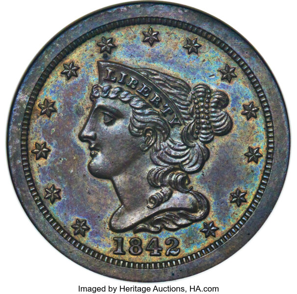 image for: 1842 1/2 C Original, B-1, R.6, PR64 Brown NGC. CAC....