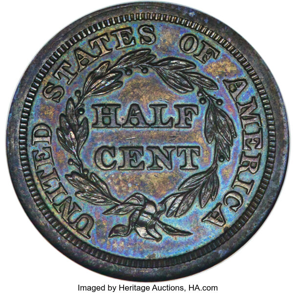 image for: 1842 1/2 C Original, B-1, R.6, PR64 Brown NGC. CAC....