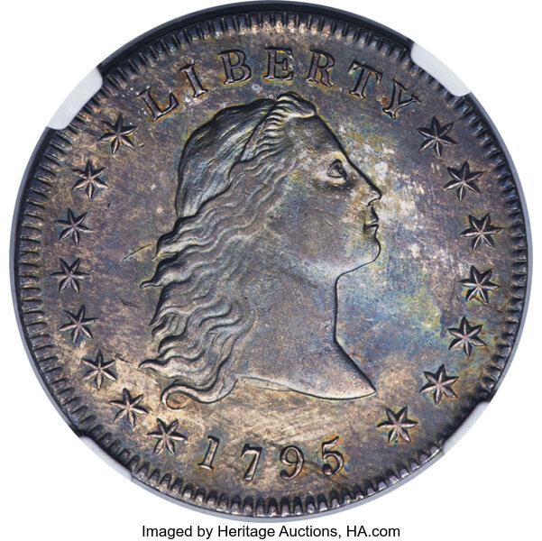 image for: 1795 $1 Flowing Hair, Three Leaves, B-5, BB-27, R.1, MS62 NGC....