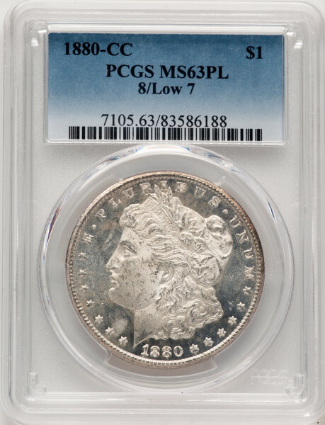 image for: 1880-CC $1 8 Over Low 7, VAM-6, MS63 Prooflike PCGS. A Top 100 Variety. PCGS Population: (42/69)....