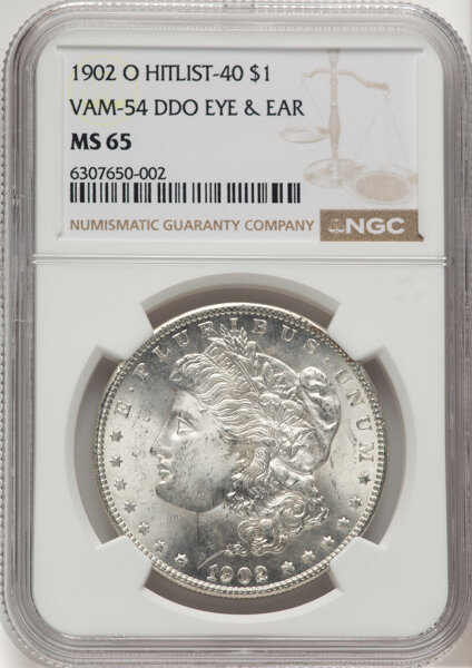 image for: 1902-O $1 Double Die Obverse Eye & Ear, VAM-54, MS65 NGC. A Hit List 40 Variety. NGC Census: (0/0)....