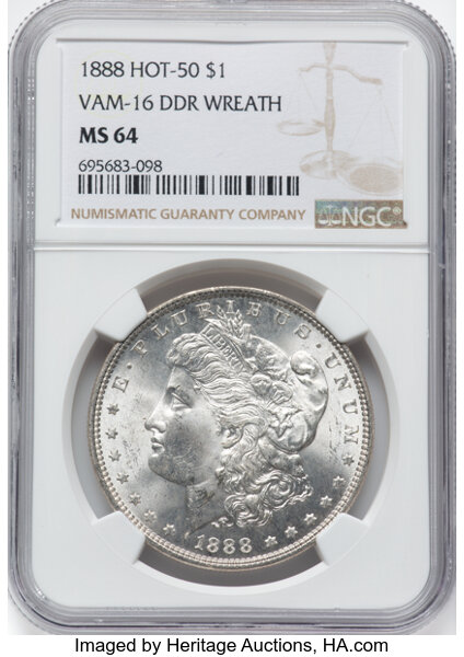 image for: 1888 $1 Doubled Reverse Wreath, VAM-16, MS64 NGC. A Hot 50 Variety....