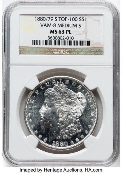 image for: 1880/79-S $1 80/79, Medium S, VAM-8, MS63 Prooflike NGC. A Top 100 Variety. NGC Census: (0/0)....