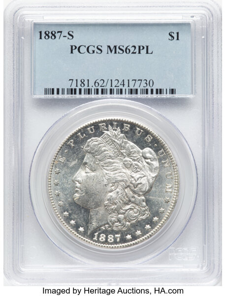 image for: 1887-S $1 MS62 Prooflike PCGS. PCGS Population: (28/82).  Mintage 1,771,000....