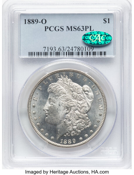 image for: 1889-O $1 MS63 Prooflike PCGS. CAC. CAC Population: (4/13). Mintage 11,875,000....