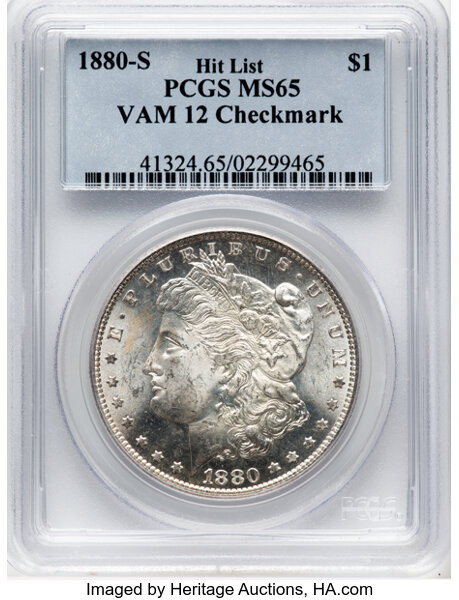 image for: 1880-S $1 Checkmark, VAM-12, MS65 PCGS. A Hit List 40 Variety. PCGS Population: (28/34). NGC Census: (0/0). CDN: $250 Whsle...