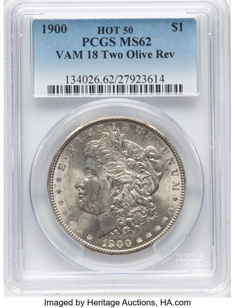 image for: 1900 $1 Two Olive Reverse, VAM-18, MS62 PCGS. A Hot 50 Variety. PCGS Population: (8/41). NGC Census: (0/0). MS62....