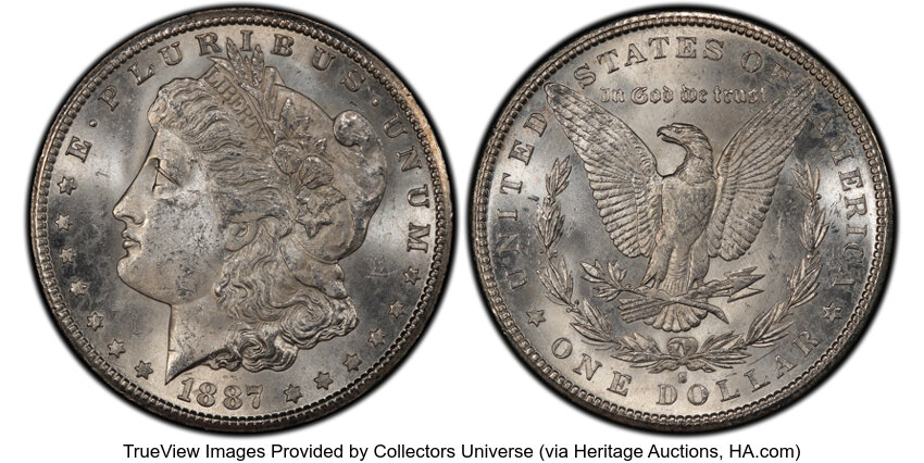 image for: 1887-S $1 Doubled Date, VAM-11, MS64 PCGS. A Hot 50 Variety. PCGS Population: (5/1). NGC Census: (0/0). MS64. Mintage 1,771...