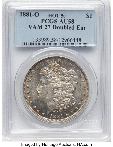 image for: 1881-O $1 Doubled Ear, VAM-27, AU58 PCGS. A Hot 50 Variety. PCGS Population: (17/20). NGC Census: (0/0). CDN: $160 Whsle. B...