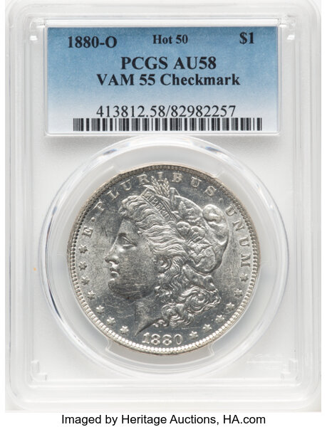 image for: 1880-O $1 Checkmark, VAM-55, AU58 PCGS. A Hot 50 Variety. PCGS Population: (13/21). NGC Census: (0/0). CDN: $140 Whsle. Bid...