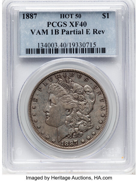 image for: 1887 $1 Partial E Reverse, VAM-1B, XF40 PCGS. A Hot 50 Variety. PCGS Population: (16/44). NGC Census: (5/10). CDN: $350 Whs...