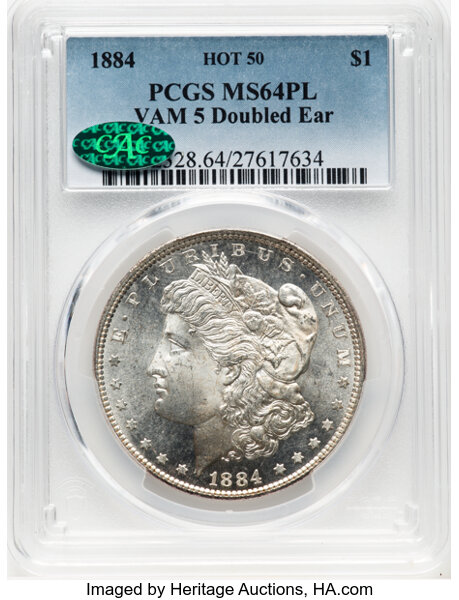 image for: 1884 $1 Doubled Ear, VAM-5, MS64 Prooflike PCGS. CAC. A Hot 50 Variety. PCGS Population: (1/0). NGC Census: (0/0). MS64....