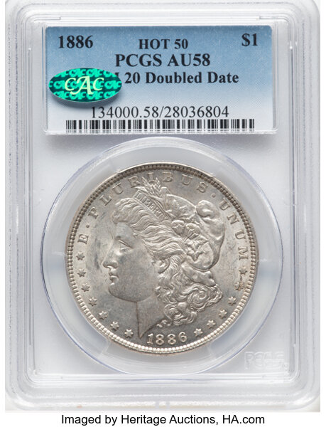 image for: 1886 $1 Doubled Date, VAM-20, AU58 PCGS. CAC. A Hot 50 Variety. CAC Population: (2/1)....