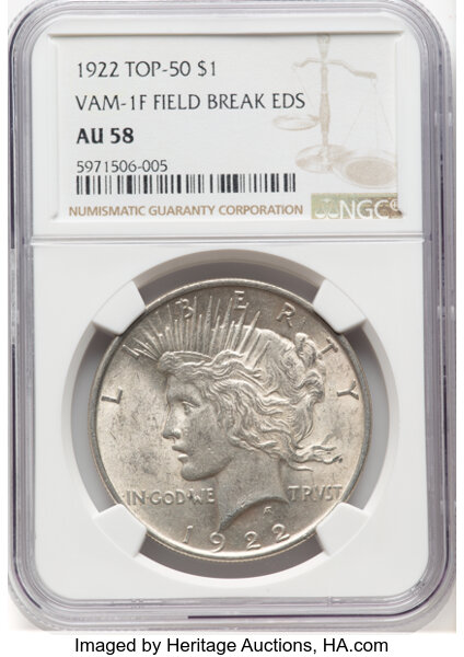 image for: 1922 $1 Field Break, Early Die State, VAM-1F, AU58 NGC. A Top 50 Variety....