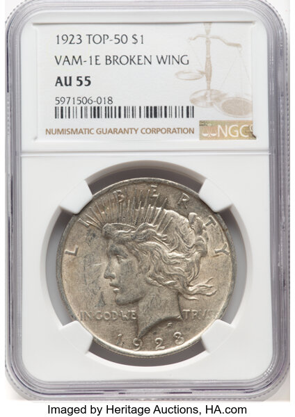 image for: 1923 $1 Broken Wing, VAM-1E, AU55 NGC. A Top 50 Variety....