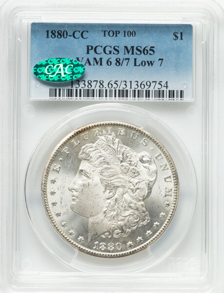 image for: 1880-CC $1 8 Over Low 7, VAM-6, MS65 PCGS. CAC. A Top 100 Variety. PCGS Population: (15/4). NGC Census: (16/11). CDN: $1,10...
